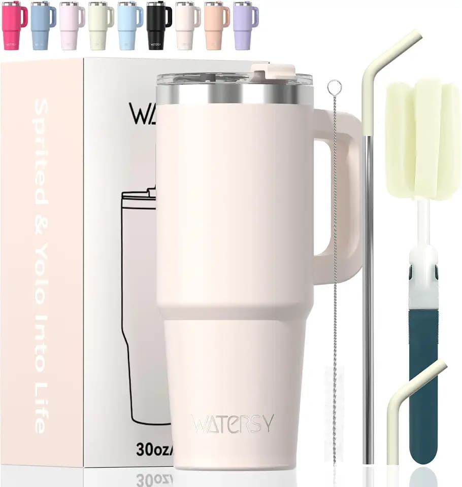 30 oz Tumbler with Handle,Tumbler with Lid and Straw,Double Wall Insulated Cup Stainless Steel Travel Mug(Cold for 34 Hours),Water Bottle for Iced Tea,Coffee,Cold Beverages(Ivory Beige)