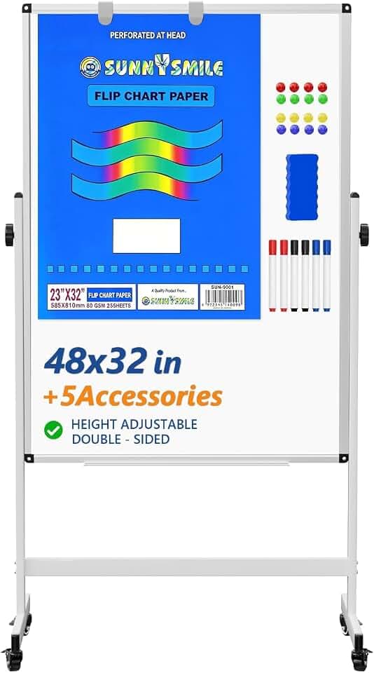 Large Rolling Whiteboard Double Sides - 48 x 32 Inches Magnetic Dry Erase White Board Height Adjust Mobile Portable Easel on Wheels, Dry Erase Board with Stand for Office, Classroom& Home