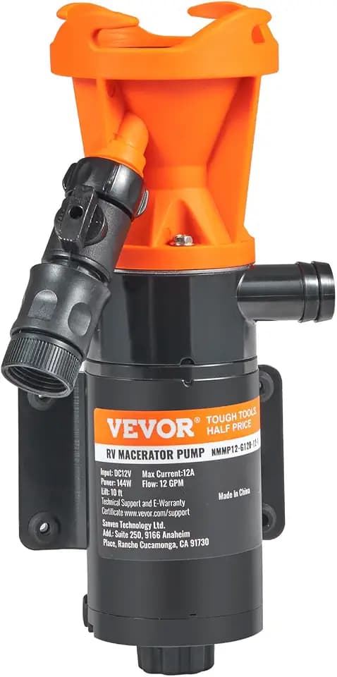 VEVOR 12V RV Macerator Pump, 12GPM, Portable RV Waste Pump, Quick Release Sewage Pumps with Garden Hose & Clamps, 7ft Power Cord, 10ft Lift, Automatic Manual Crushing Function, for Boat Camper Marine