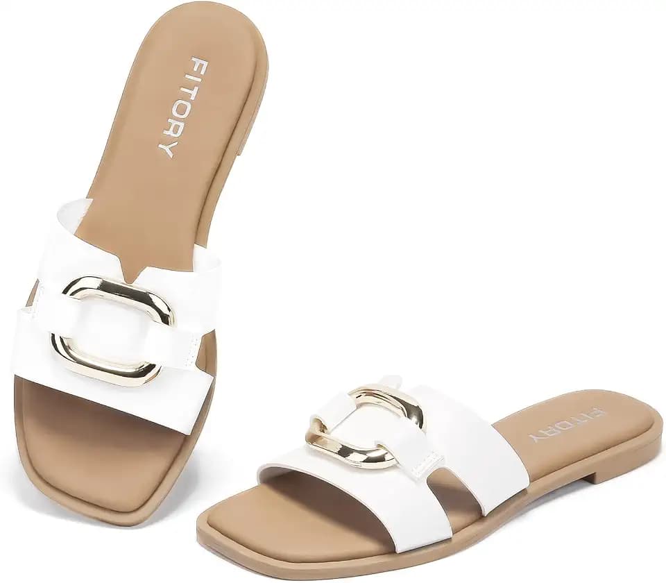 FITORY Women's Slide Sandals, Flat Fashion Square Open Toe for Summer