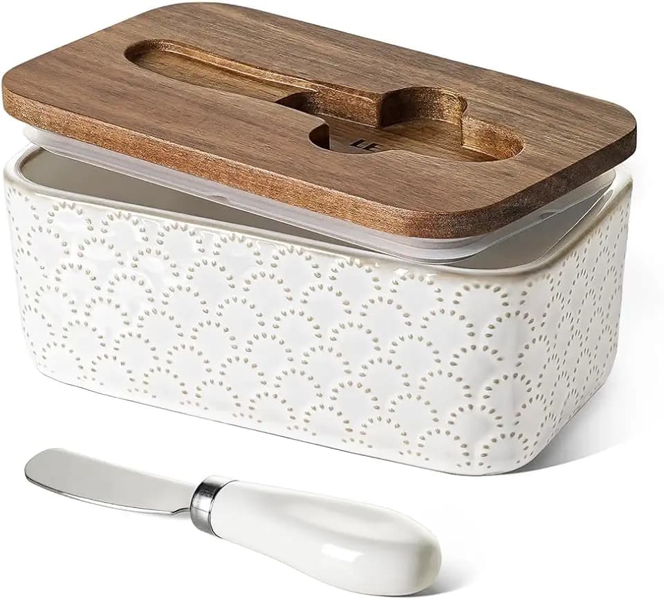 LE TAUCI Butter Dish with Lid for Countertop, Ceramic Butter Container, Embossed Butter Keeper with Acacia Wood lid, Knife, and Airtight Cover, Farmhouse Decor - Set of 1, Arctic White, Fireworks