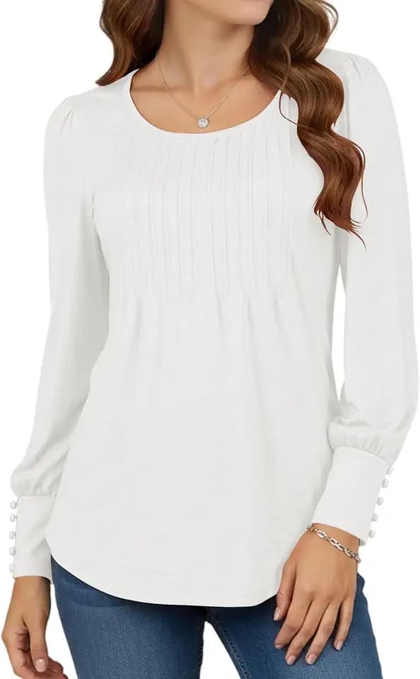 ZENUTA Long Sleeve Shirts for Women Tunic Tops Loose Fit Dressy, Pleated Crewneck Business Casual Blouses Fall Tops 2025