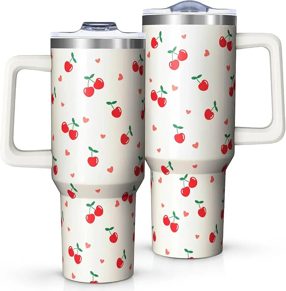 40oz Cherry Tumbler with Handle and Straw,Insulated Stainless Steel Mug, Gifts for Women Cherry Lovers on Birthday/Christmas