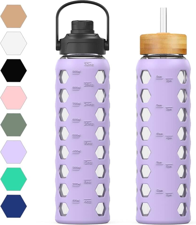 MUKOKO Glass Water Bottle, 32oz, Purple