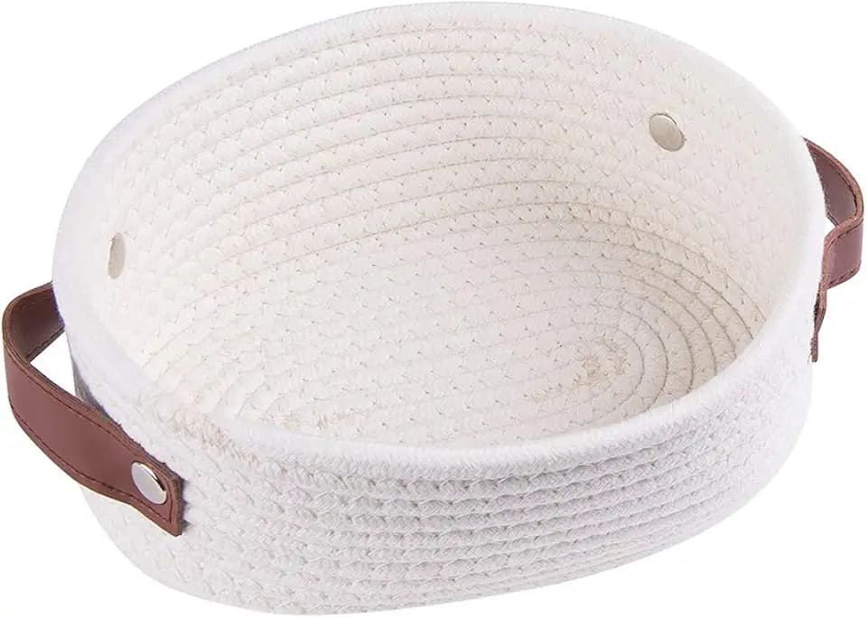 Small Woven Basket for Storage Oval Rope Coil Baskets with Handle Mini Cotton Basket Little Organizer Bins Boho Hamper Nursery Room for Kids Baby Dog Toy Gifts 7.87"x5.51"x4.33", XS White