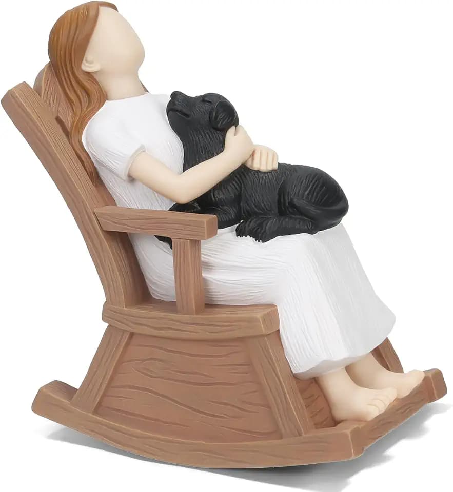 Dog Lover Gift Hand Painted Figurine - Girl & Loyal Black Dog on Rocking Chair, Cozy Home Decor Statue, Emotional Comfort Keepsake for Pet Lovers