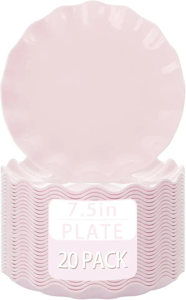 LIYH 7.5 Inch Pink Scalloped Plastic Cake Plates Reusable - 20 Pcs