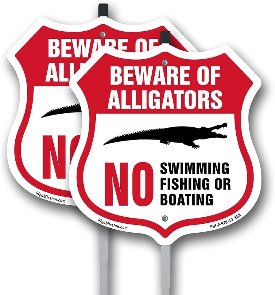 Alligator Warning Shield Sign Beware Of Alligators. No Swimming Fishing Or Boating (2 Pack) 12 inch X 12 inch Shield Shaped Commercial Grade Plastic Signs with Aluminum Mounting Stakes