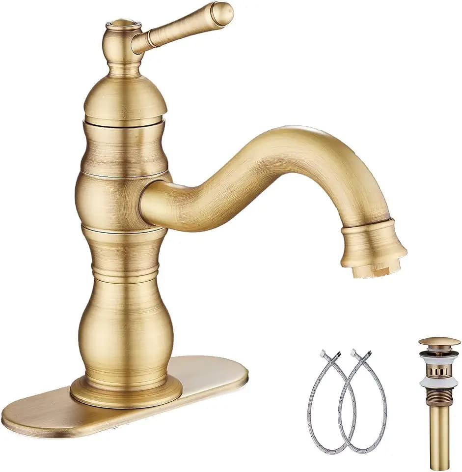 Antique Brass Bathroom Faucet, Single Handle, One Hole