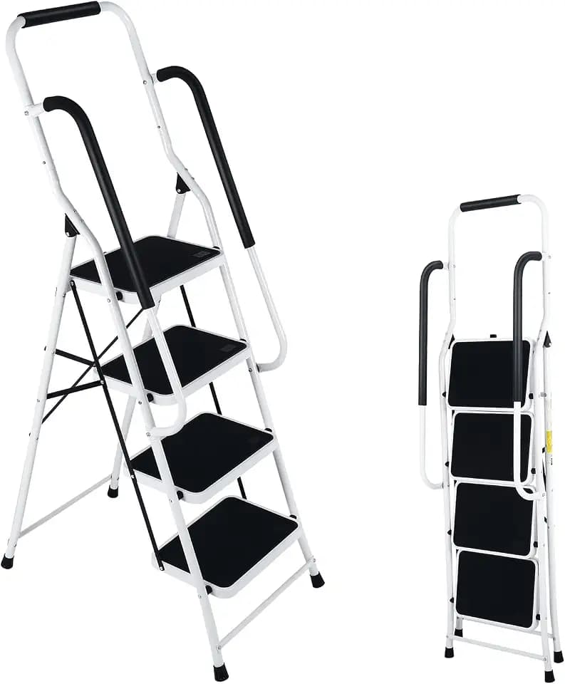 Step Ladder 4 Step Folding with Handrails, Folding Step Stool with Wide Anti-Slip Pedal, Sturdy Steel Portable Ladder, Lightweight Step Stool Foldable for Library Home Garage Office