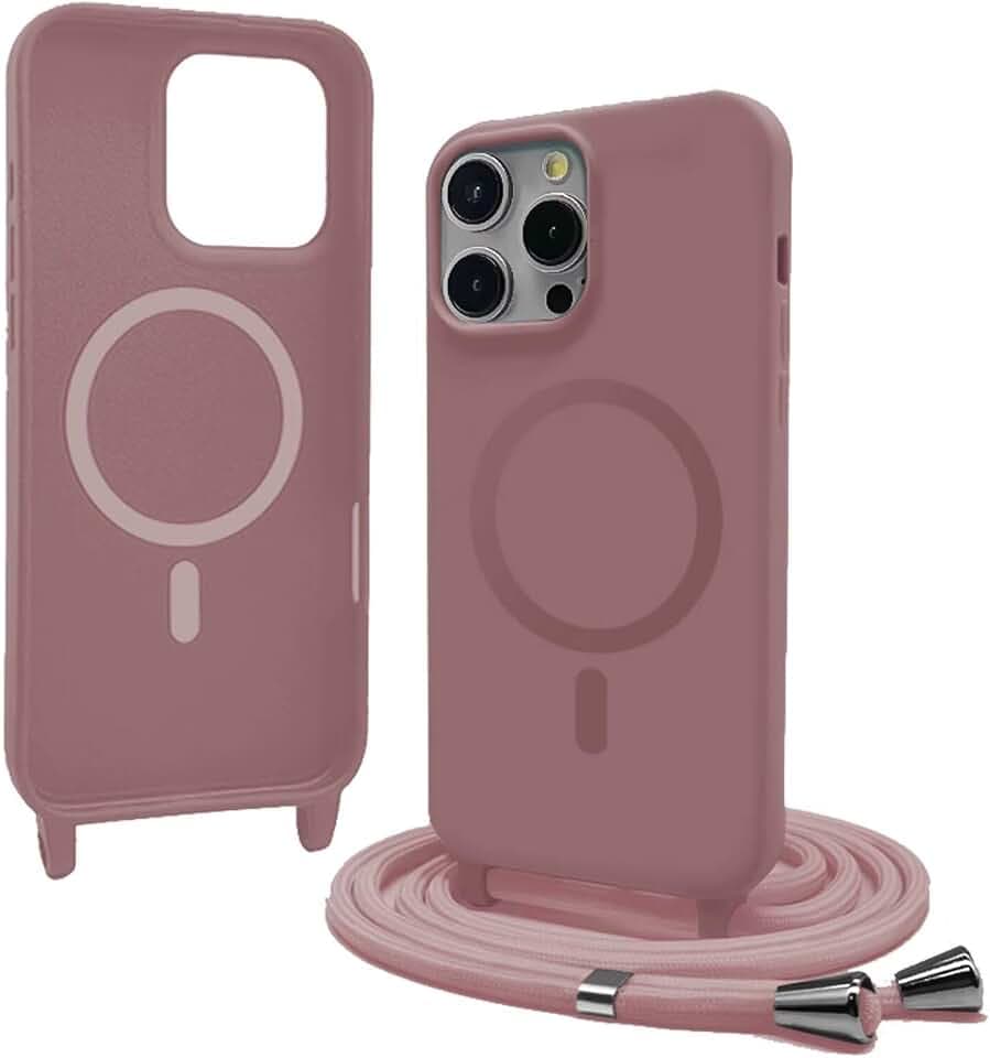 Bigcousin Handykette für iPhone 15 Pro Hülle mit Band,Magnetisch kompatibel mit Magsafe,Silikon Necklace Handyhülle mit verstellbar und abnehmbar,Rosa Gold