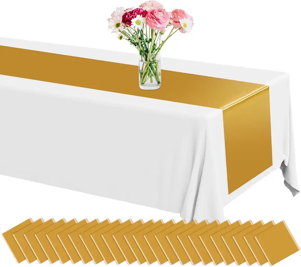 24 Pack Plastic Table Runner 14 X 108in Gold Long Wedding Table Runner Disposable Gold Tables Runners for Dinner Banquet Tables Decor for Wedding Graduation Birthday Engagement Party Decor