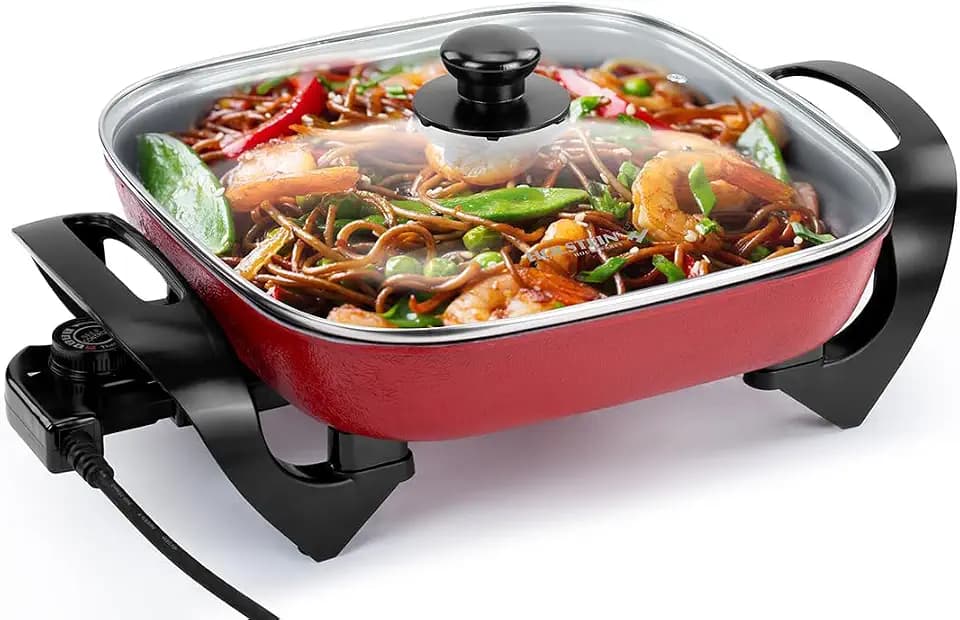 Holstein Housewares 12-Inch Electric Skillet - 1400W Electric Pan with Adjustable Temperature Control, PFOA-Free Non-Stick Coating, Cool-Touch Handles, Multi-Function Cooker, Red