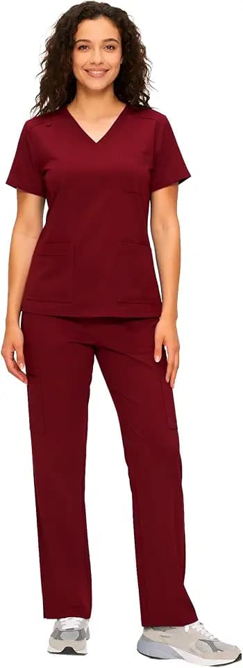 COZYFIT Scrubs for Women - V Neck Top & Cargo Straight Pants 12 Pockets