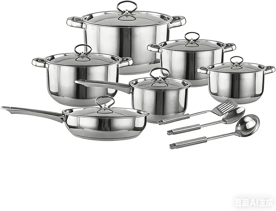 Stainless Steel Cookware Set, 15 Piece Set with Steel Handle, Composite Bottom for Daily Cooking (15)