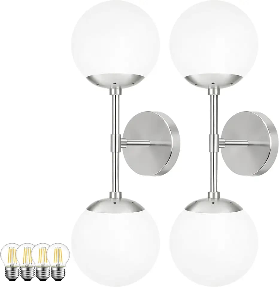 Nickel 2 Pack Vanity Light Fixtures Mid Century Modern Bathroom Vanity Light Globe Sconce with Milky White Glass for Bathroom Bedroom