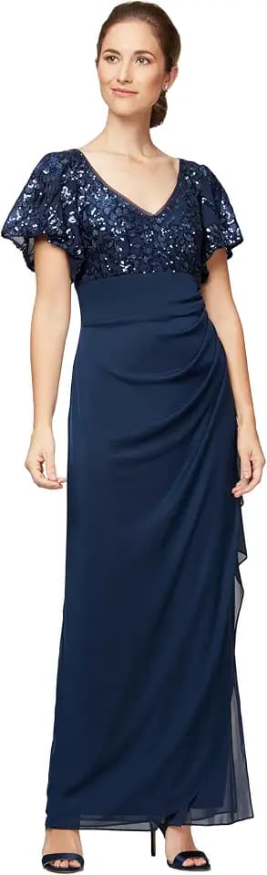 Alex Evenings Women's Long Stretch Sequin Bodice Mother of The Bride Dress with Empire Waist (Petite and Regular Sizes)