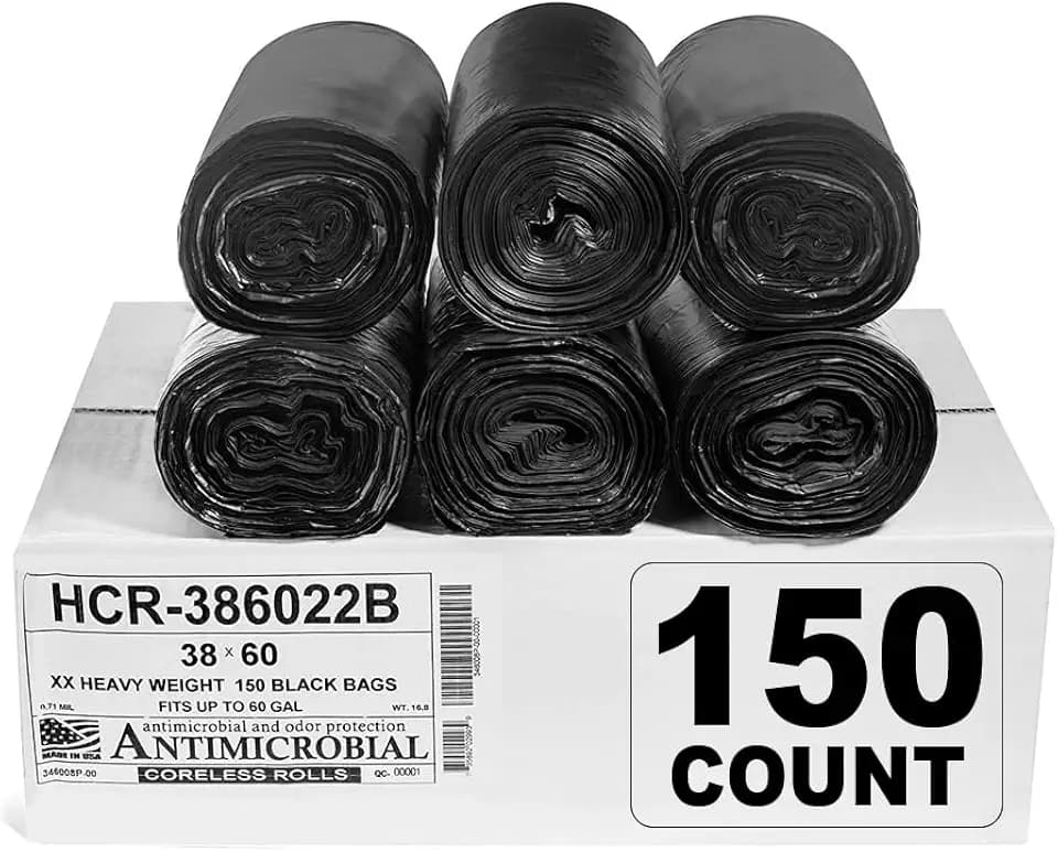 Aluf Plastics 60 Gal Black Trash Bags, 22 Micron (EQ.), 38" x 60" (150 Pk)