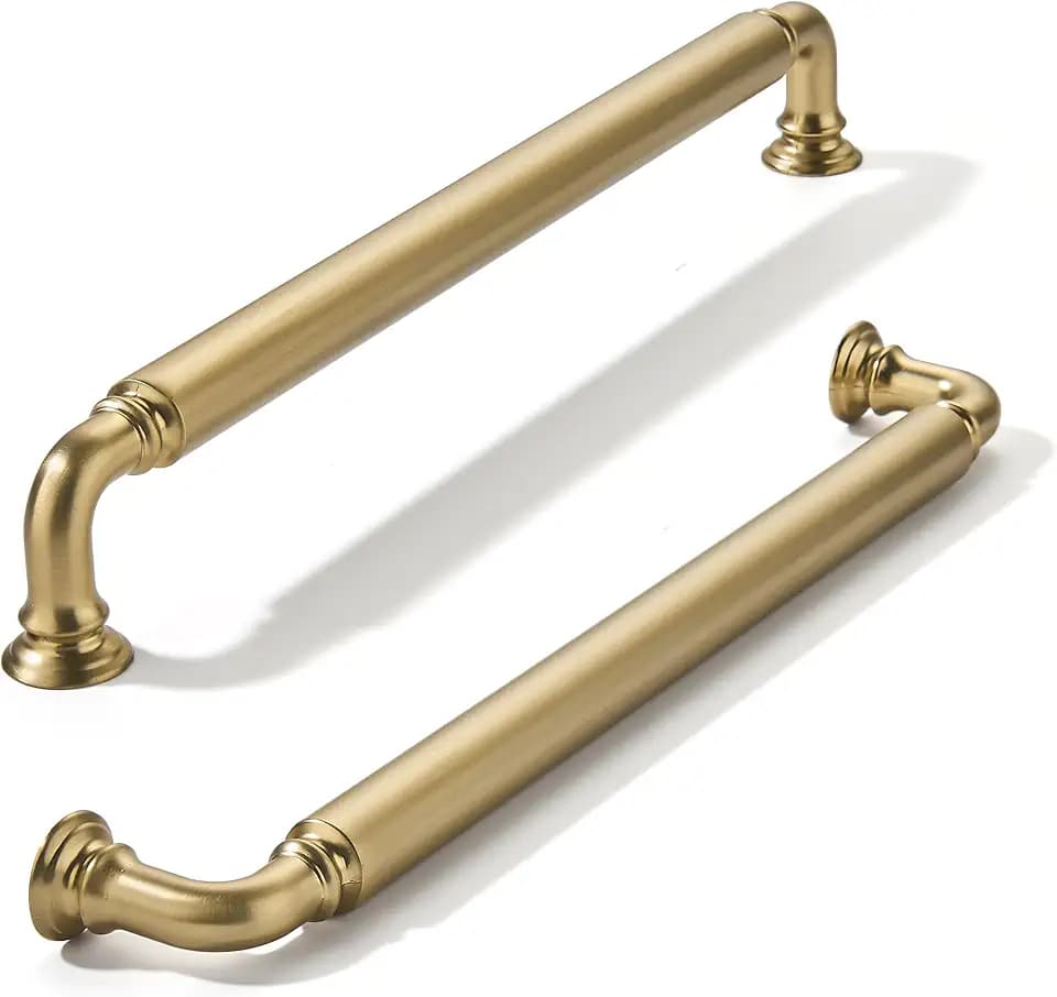 khtumeware 10-Pack Brushed Brass Heavy-Duty Solid Cabinet Pulls, 8 Inch (203mm) Hole Center, Satin Gold Drawer Pulls, Cabinet Hardware, Suitable for Kitchen Cabinets, Bathrooms and Dressers