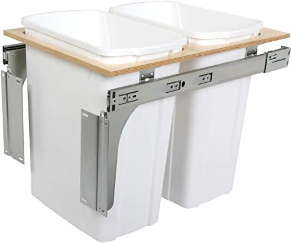 Knape & Vogt 35 Qt. Double Top Mount Pull Out Trash Can, in-Cabinet Kitchen Garbage, D Steel, 18 in. H x 15 in. W x 23 in., White