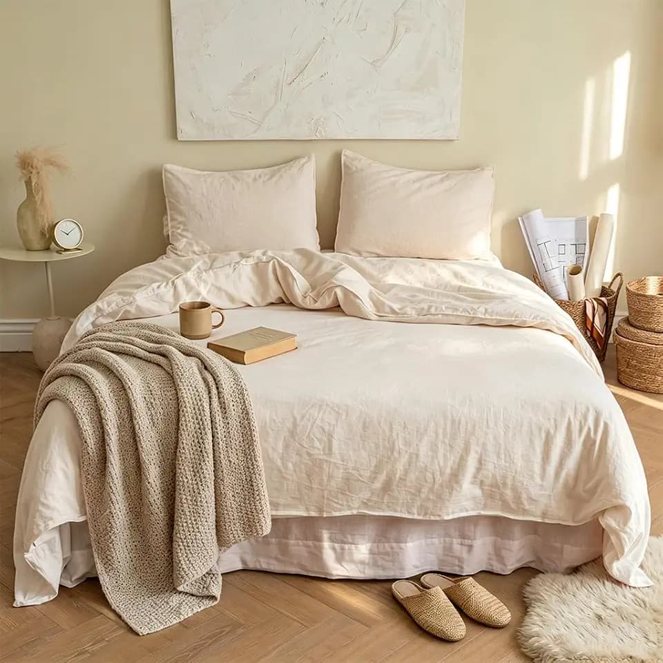 BISELINA French Linen Duvet Cover Set 3pcs with Hidden Zipper Closure Natural Flax Cotton Blend Solid Color Soft Breathable Luxury Farmhouse Bedding -Queen Size, Linen/Beige
