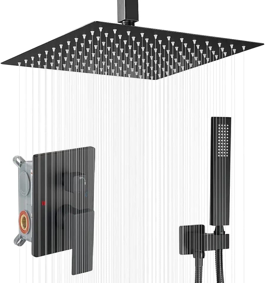 16 Inch Ceiling Mount Matte Black Shower System Bathroom Luxury Rain Mixer Shower Combo Set Ceiling Rainfall Shower Head System (Contain Shower Faucet Rough-in Valve Body and Trim Kit)