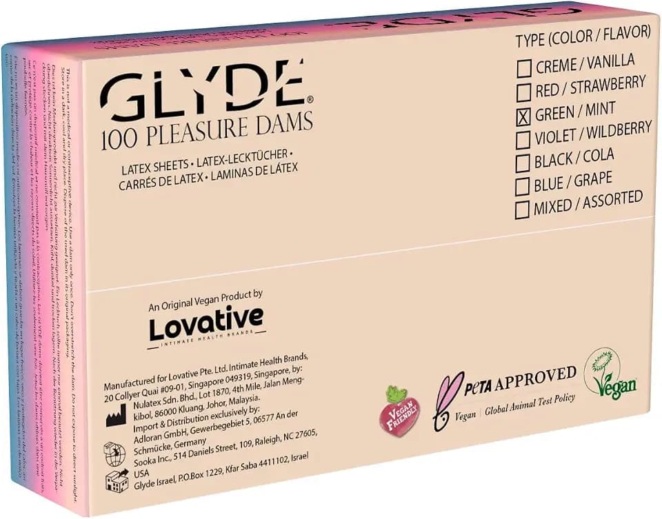 Glyde Dams MINT - 100 Latex-Schutztücher - Grün gefärbt - Lecktücher mit Pfefferminz-Duft
