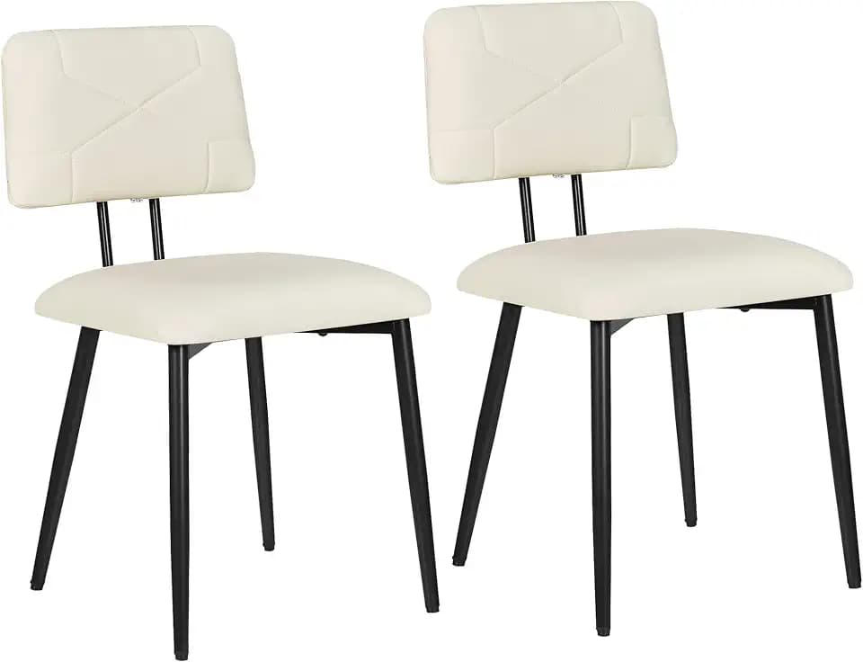 VECELO Dining Chairs Set of 2, Modern Upholstered Kitchen Chairs with Faux Leather Cushion Seat & Metal Legs for Kitchen, Living Room, Tufted Backrest Design, Beige