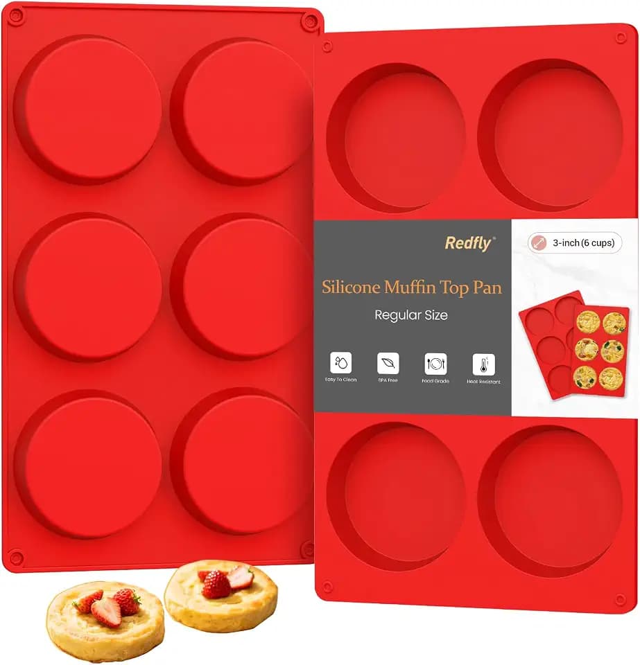 Redfly Silicone Egg Molds for Breakfast Sandwiches 2 Pcs, Non Stick 3 Inch Egg Bites Baking Pans, Silicone Muffin Pans for Baking, Round Muffin Top Pan for Whoopie Pie Pan, Tarts, Quiche