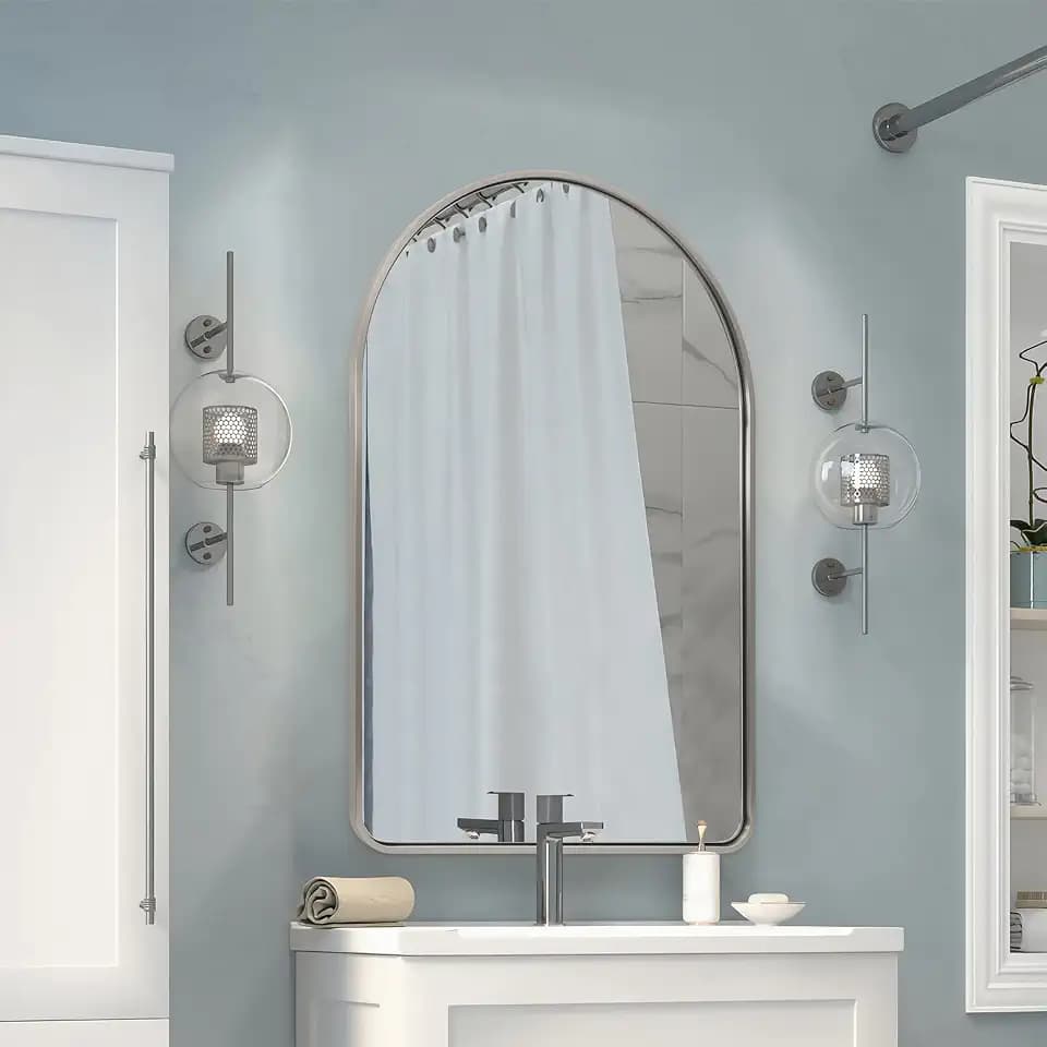 Andy Star Brushed Nickel Arched Mirror, 24x36’’ Arched Bathroom Mirror, Arch Wall Mirror, Bathroom Vanity Mirrors Metal Framed, SUS304-Anti-Rust, Tube Frame, 1’’ Deep Set Wall Mounted Vertical
