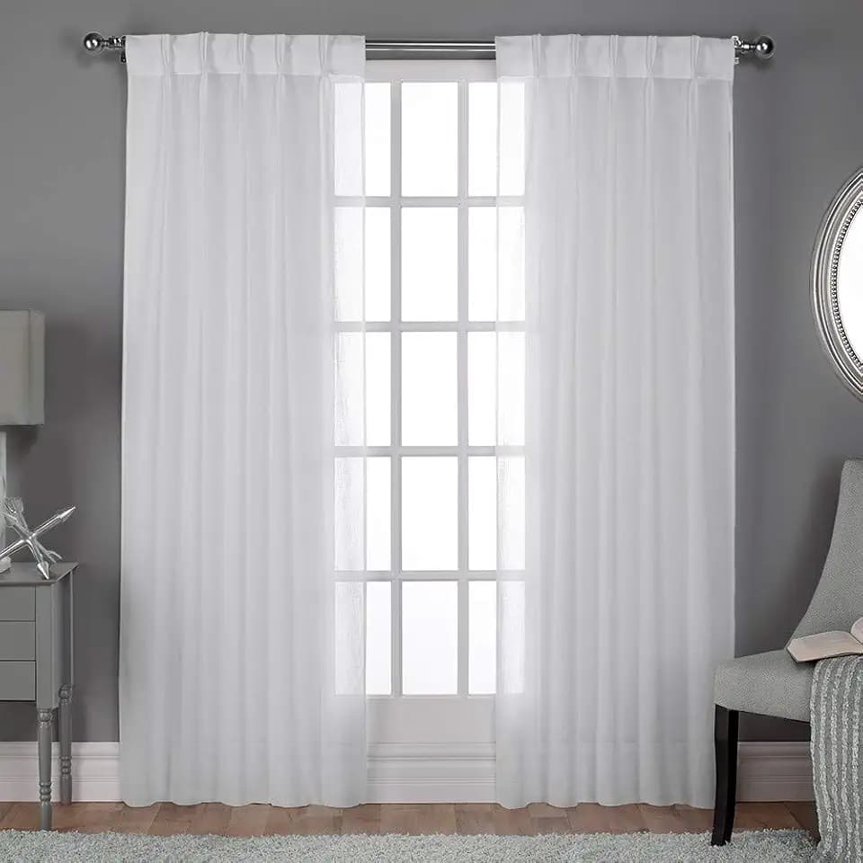 Exclusive Home Belgian Textured Linen Look Sheer Pinch Pleat/Hidden Tab Top Curtain Panel Pair, 108" Length, Winter White, 2-Pieces
