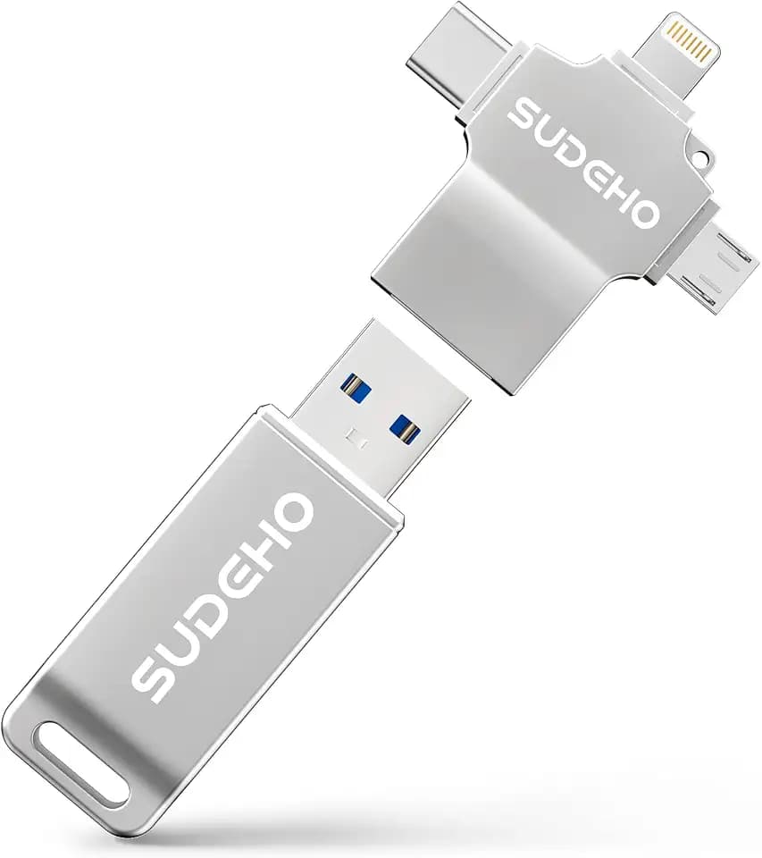 SUDEHO MFi USB Stick 128GB für iPhone, 4-in-1 Metall-Speicherstick, Silber