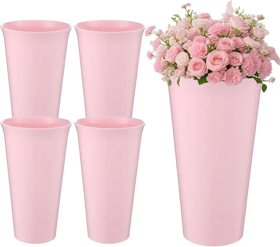 4 Pack Flower Buckets 9.84 Inch Plastic Flower Vases, Pink