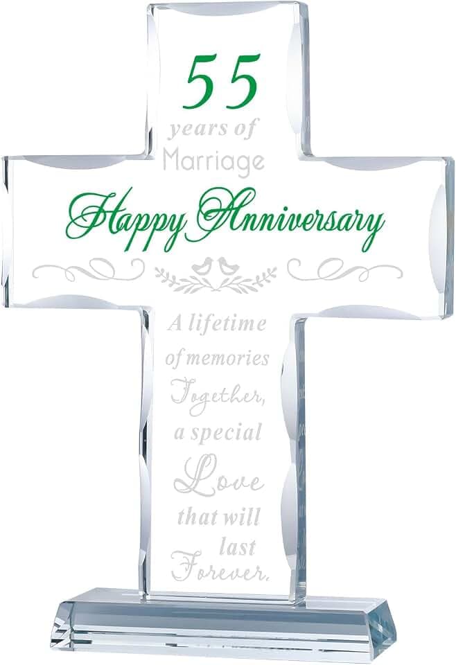 YWHL 55th Wedding Anniversary Glass Cross Gifts for Women Men, 55 Year Anniversary Religious Gift for Couple, Laser Engraved 55 Years of Marriage Party Decoration