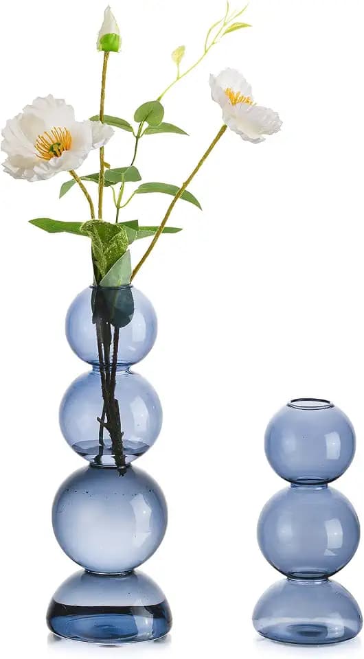 Hewory Small Glass Bubble Vase for Flower: 2PCS Light Blue Single Stem Vase