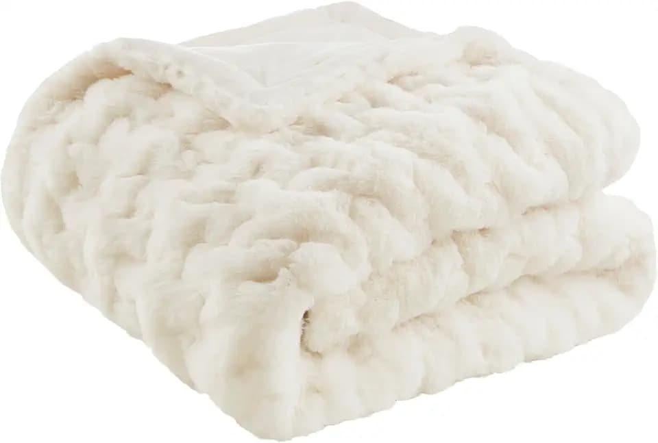 Madison Park Ruched Fur Throw Faux Fur Blanket for Sofa, 50" x 60", Ivory