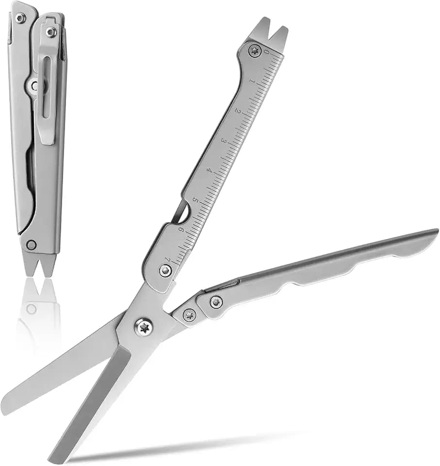 Folding Scissors, Stainless Steel Safety Portable Mini Travel Small Scissors, Foldable Pocket Scissor with Belt Clip and Pry Bar, Everyday Carry, Ideal Gifts for Men Women(Silver)