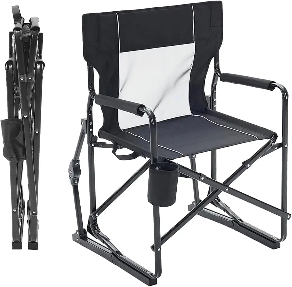OLIXIS Outdoor Folding Rocking Chair for Adults, Portable Camping Lawn Chair with Mesh Back, Waterproof Armrests & Sturdy Frame, Foldable Seat for Patio, Beach, Camping, Black