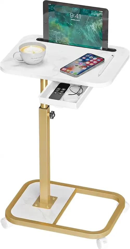 Adjustable Height TV Tray Table with Drawer, 360° Swivel C Shaped End Table, Rolling Couch Desk with Wheels, Side Tables for Living Room and Bedroom, Bed (Gold)