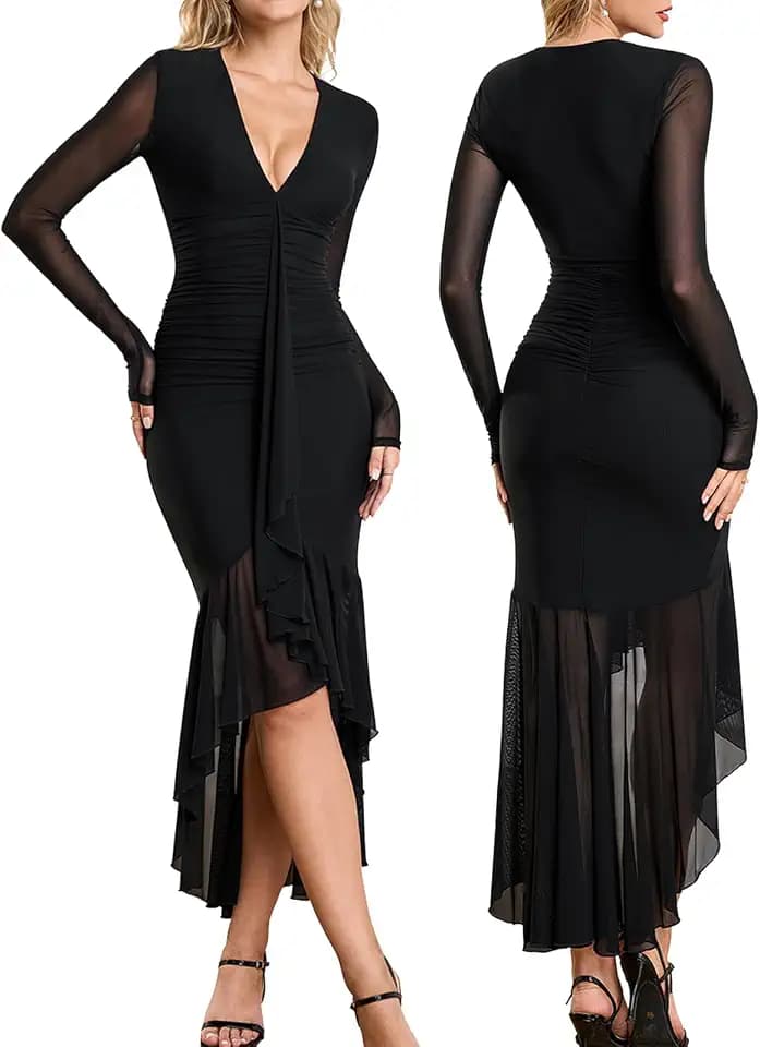GLNEGE Long Sleeve Fall Wedding Guest Formal Dresses V Neck Ruffles Ruched Cocktail Bodycon Midi Dress for Women