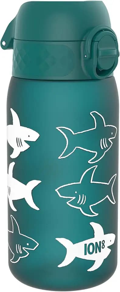 Ion8 Small Water Bottle, 350 ml/12 oz, Leak Proof, Easy to Open, Secure Lock, Dishwasher Safe, BPA Free, Carry Handle, Flip Cover, Easy Clean, Odor Free, Carbon Neutral, Aqua Blue, Sharks Design