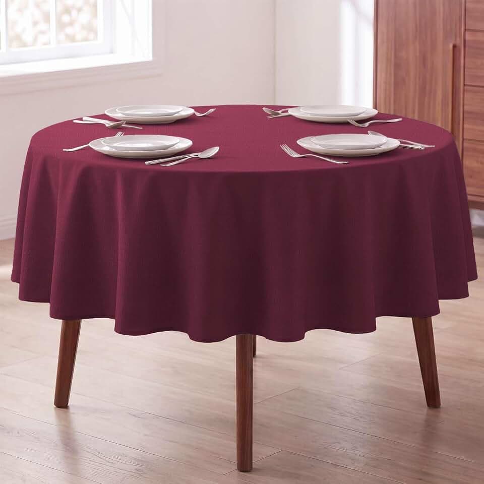 H.VERSAILTEX Linen Textured Table Cloths Round 60 Inch Premium Solid Tablecloth Spill-Proof Waterproof Table Cover for Dining Buffet Feature Extra Soft and Thick Fabric Wrinkle Free, Christmas Red