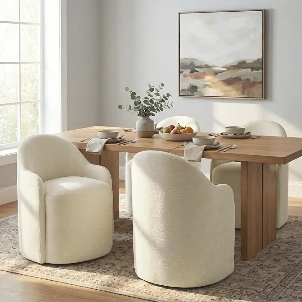 KISLOT Upholstered Dining Chairs with Casters, No Assembly Modern Dining Room Chairs Accent Vanity Chair with 5 Wheels & Round Backrest for Bedroom, Living Room, Dressing, Sand Fabric, Set of 4