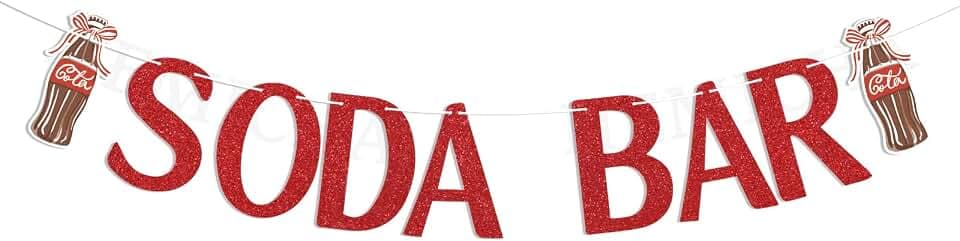 Soda Bar Banner - She's Ready to Pop Baby Shower Decor, Soda Pop Theme Birthday Bridal Shower Party Decorations Red Glitter