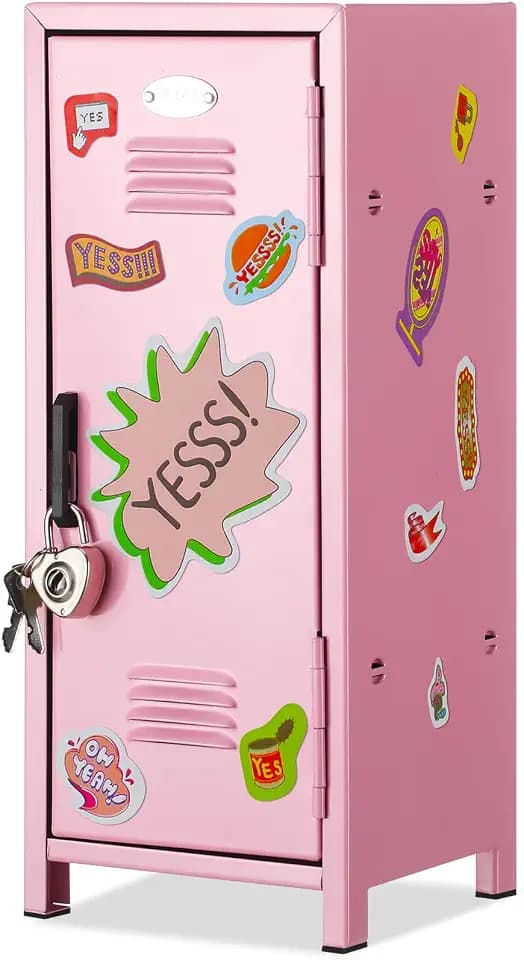 Vercraft Mini Locker with Lock Keys Stickers 10.8inch Small Storage Locker Desk Locker Metal Small Locker Miniature Storage Locker Functional Safe Metal Locker for Desktop Bedroom Home Office(Pink)