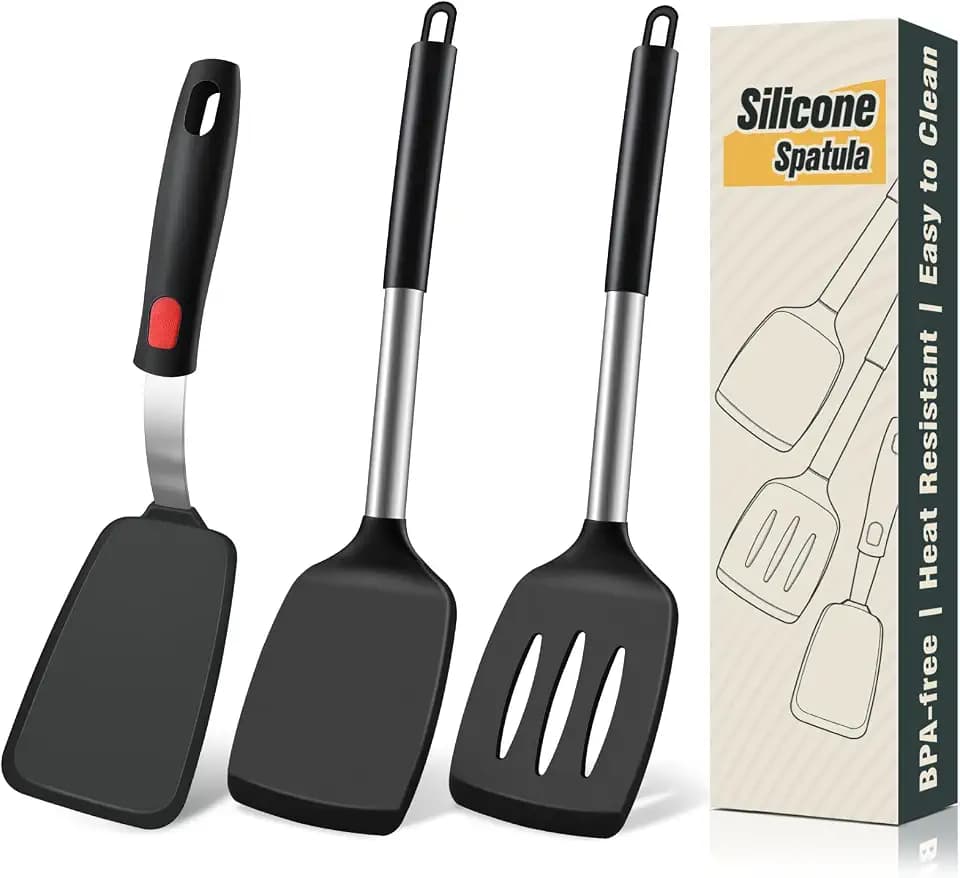 Silicone Spatula Set, Heat Resistant Solid & Slotted Turner for Non-Stick Pans, Silicone Cooking Utensils Set, BPA-Free, Flexible Spatula Turner for Flipping Eggs, Burgers, Pancakes, Black, 3 PCS-A