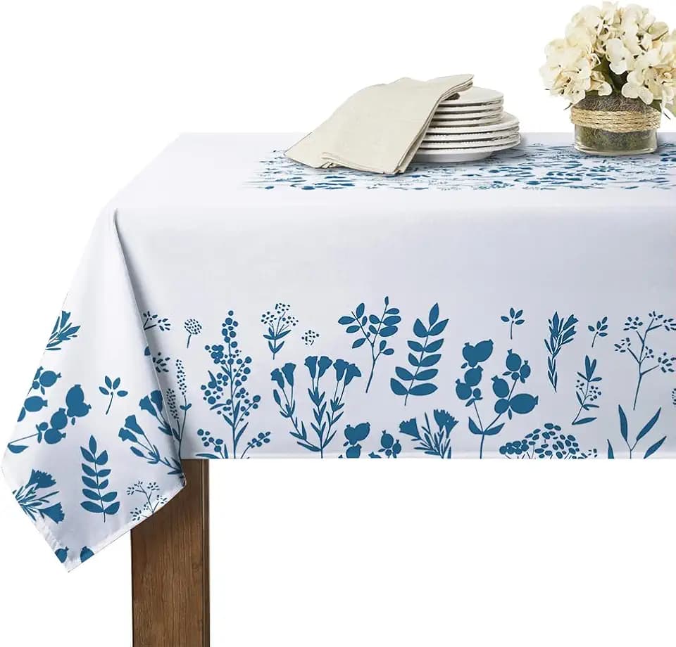 RYB HOME Rectangle Table Cloth Patchwork Colorful - Spillproof Scratch Resistant Tablecloth for 6 Foot Flowered Tablecloth for Tradeshow Family Gatherings Party, 60 x 84, Blue Flower