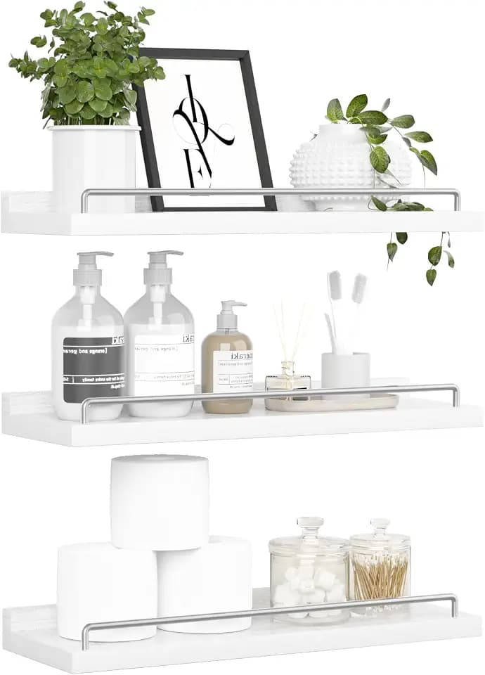 RYOFOBETTO Floating Shelves for Wall Decor, White and Grey Shelves for Bathroom, Living Room, Bedroom, Picture Frames, Plants, Kitchen (Set of 3)