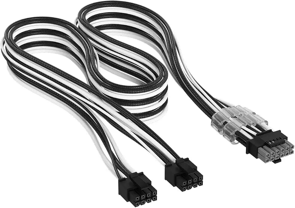 Corsair Elite Premium Typ 5 Einzeln Ummantelte 2x 8-Pin zu PCIe 12V-2x6 600W PSU-Kabel – Dreilagiges Mesh-Paracord-Design, Flache Kabelkämme, Kompatibel mit Typ 5-Netzteilen – Schwarz/Weiß