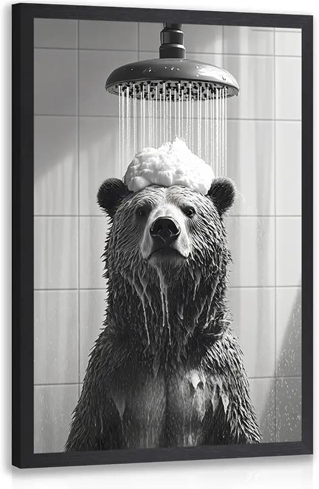 EisEver Funny Bear Bathroom Wall Art, Black and White Bear Shower Wall Decor, Humorous Animal Canvas Print, Modern Minimalist Bathroom Aesthetic Artwork for Restroom Wood Framed 12x16 Inch